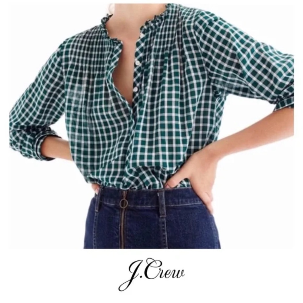 J Crew Green Checkered Blouse